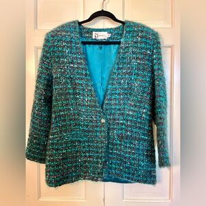 Prophecy‎ 80s Vintage Tweed Boucle Wool Button Front Collarless Blazer Jacket 10